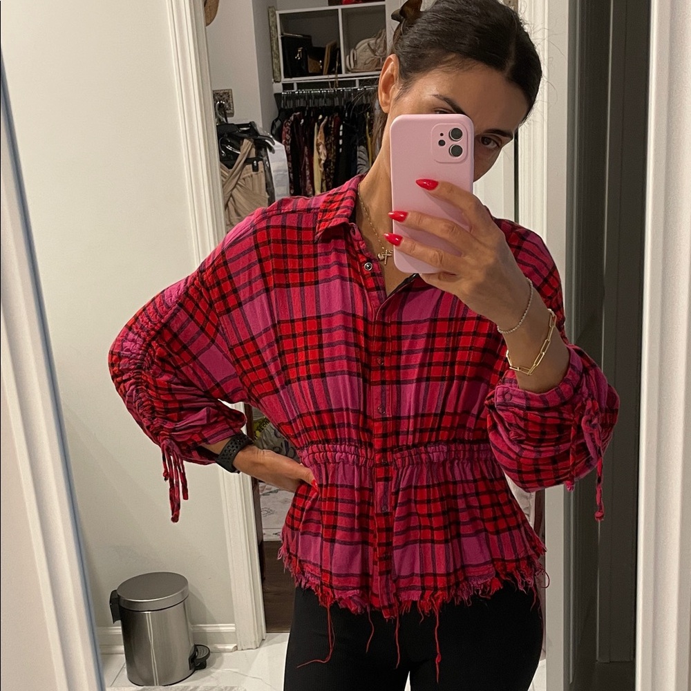 We The Free Red and Black Boxy Button Down Shirt